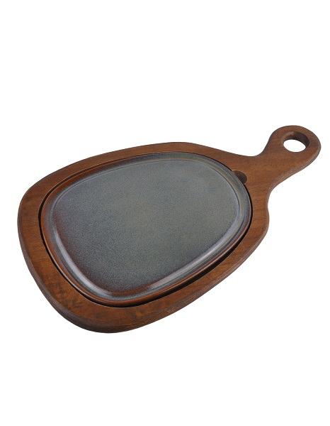 Блюдо для подачи 24,5*20,5 см. h=2,5 см. с ручкой на дерев. подставке, фарфор серия Глоир Bonna /1/6/ ВДОХНОВЕНИЕ