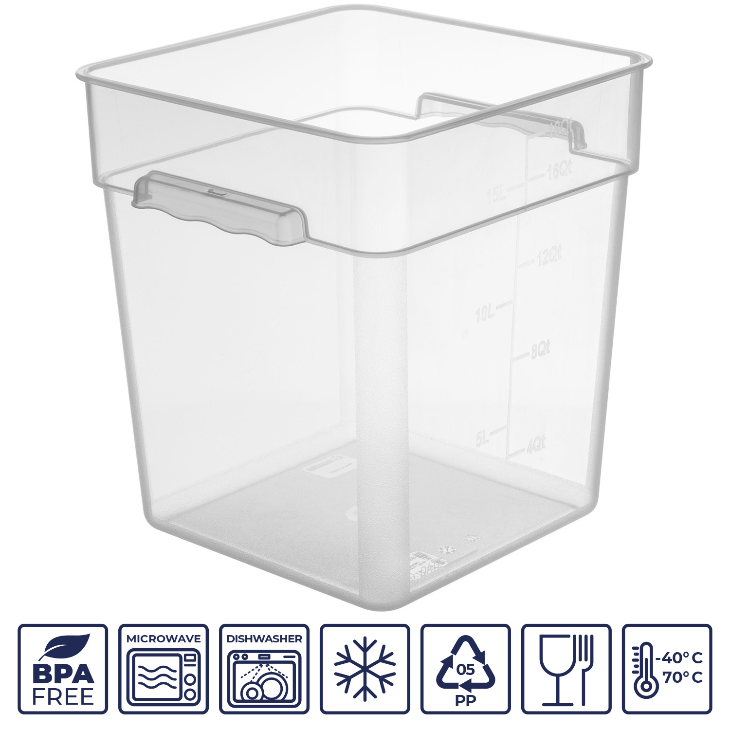 Контейнер для продуктов квадр. 17,2 л. 28*28*32 см. с мерн.шкалой, прозрач, п/п, б/кршки (кр. 76717,76715,76714,76716,76836)GP/1/12/