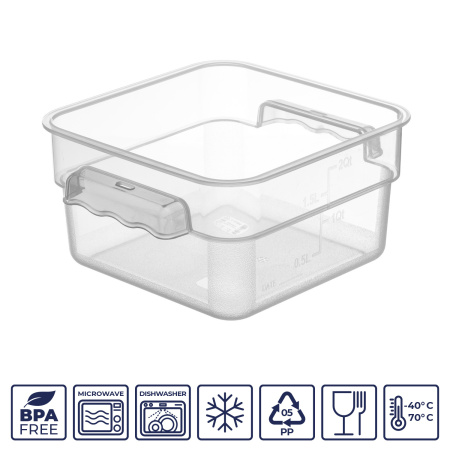 Контейнер для продуктов квадратный  1,9 л. 19*19*9,7 см. с мерной шкалой, прозрачный, п/п, без крышки (крышки 76706, 76707, 76708,76709) GP /1/12/