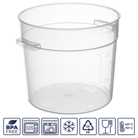 Контейнер для продуктов круглый 6 л. d=22 см. h=19,5 см., с мерной шкалой, прозрачный, п/п, без крышки (крышка 76736, 76735, 76734, 76737) GP /1/12/