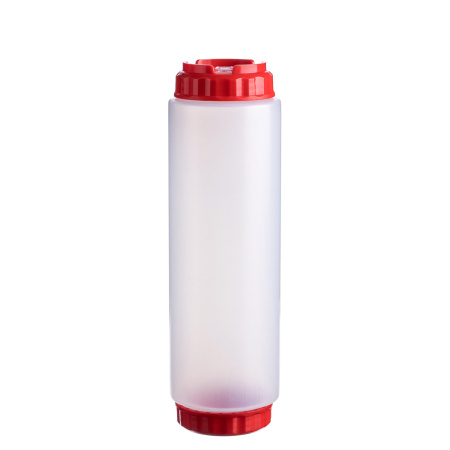 Емкость для соуса 1000 мл. d=75 мм. h=257 мм. c 2 крышками, с силик. носик. прозрачная, крышки красные GP /1/96/