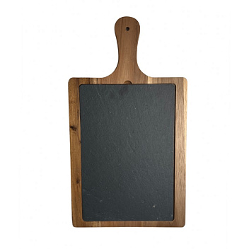 Блюдо для подачи прямоуг. 45*25 см. h=1,4 см. черное, сланец, на дерев. подставке с ручкой MGprof (WB-004) /1/10/ АКЦИЯ
