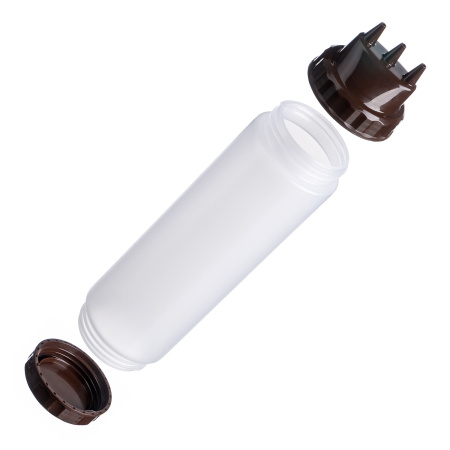 Емкость для соуса 1000 мл. d=75 мм. h=290 мм. c 2 крышками 3 носика, широкая прозрачная, крышки коричневые GP /1/96/