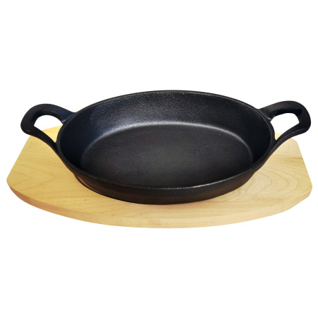 Сковорода порц. овальная 23*16,5 см. h=4,5 см. 1,0 л. чугун. с 2 ручками на дерев. подставке /1/