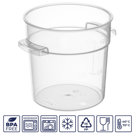 Контейнер для продуктов круглый   0,95 л. d=13 см. h=11 см., с мерной шкалой, прозрачный, п/п, без крышки (крышка 76728, 76727, 76726, 76729) GP /1/24/
