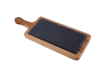 Блюдо для подачи прямоуг. 38*15 см. h=2 см. черное, сланец, на дерев. подставке с ручкой MGprof /1/