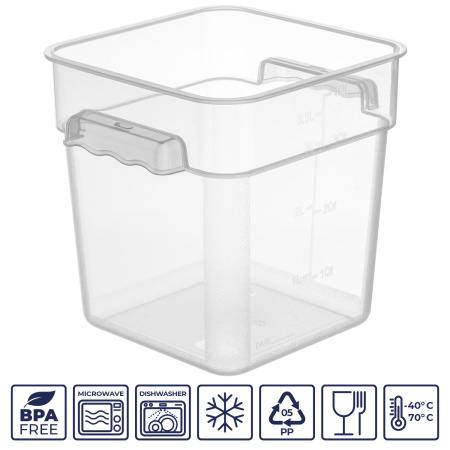 Контейнер для продуктов квадратный  3,8 л. 19*19*18,7 см. с мерной шкалой, прозрачный, п/п, без крышки (крышка 76706, 76707, 76708, 76709) GP /1/12/