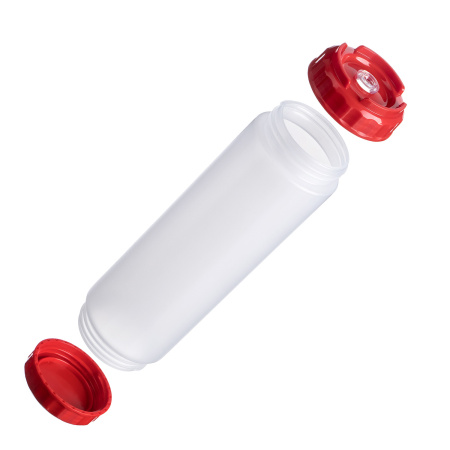 Емкость для соуса  750 мл. d=70 мм. h=237 мм. с 2 крышками, с силик. носик. широкая прозрачная, крышки красные GP /1/96/