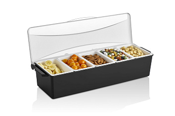 Контейнер для фруктов, специй и соусов 5 отд. по 0,45 л. черный, пластик. GP /1/12/ Контейнер для фруктов, специй и соусов 5 отд. по 0,45 л. черный, пластик. GP /1/12/